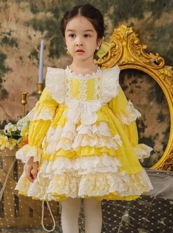 White Lace Stitching Lantern Sleeve Cute Yellow Princess Dress Spring Autumn Classic Lolita Kids Long-Sleeved Dress -NAUS Lolita Shop 2 500x672 1294
