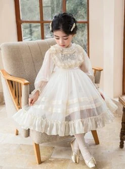 Fashion Ruffle Kids Classic Lolita Crew Neck Apricot Pearlescent Embroidered Bubble Flare Long Sleeve Dress -NAUS Lolita Shop 2 500x672 1301