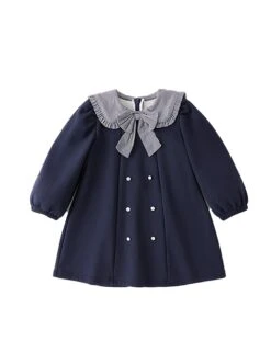 College Style Plaid Bowknot Lapel Double Breasted Fashion Warm School Lolita Kids Long Sleeve Dress -NAUS Lolita Shop 2 500x672 1302