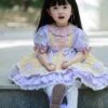 Polka Dot Petal Collar Purple Plaid Bowknot Puff Sleeves Love Lace Hem Design Sweet Lolita Kids Short-Sleeved Dress