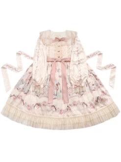 Gold Print Cute Sweet Penguin Pattern Decoration Lace Embroidery Pink Bow Knot Children Lolita Kids Long Sleeve Dress -NAUS Lolita Shop 2 500x672 1309