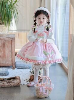Plush Tulip Pattern Decoration Polka-Dot Hem Pleated Bow Knot Classic Lolita Pink Cute Suspender Dress -NAUS Lolita Shop 2 500x672 1310