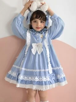 Blue Lovely Petal Collar Embroidered Pleated Ruffle Lace Lantern Sleeve Bow Classic Lolita Kids Long Sleeve Dress -NAUS Lolita Shop 2 500x672 1314