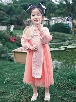Chinese Hanfu Style Delicate Floral Embroidery Irregular Pleated Button Neckline Pink Long Sleeve Kid Dress -NAUS Lolita Shop 2 500x672 1315