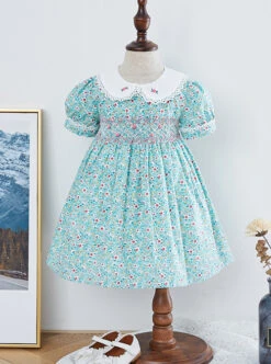 Pleated Hand-Embroidered Flower Decoration Cute Doll Neckline Short Sleeve Kid Floral Dress -NAUS Lolita Shop 2 500x672 1316