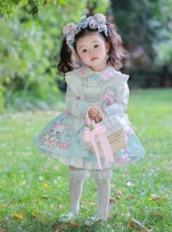 Cute Bear Pattern Print Plush Ball Crinkled Bow Trim Irregular Hem Sweet Lolita Kid Princess Slip Dress -NAUS Lolita Shop 2 500x672 1317