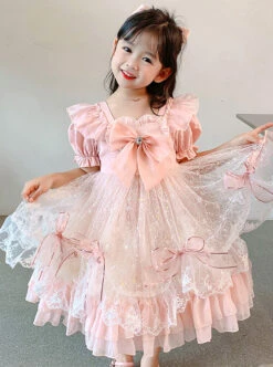 Pink Lace Pleated Bow Knot Classic Lolita Pink Puff Sleeves Kid Dress -NAUS Lolita Shop 2 500x672 1318