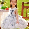 Classic Lolita White Lace Layered Hem Blue Floral Decoration Pleated Collar Bow Knot Sleeveless Kid Princess Dress