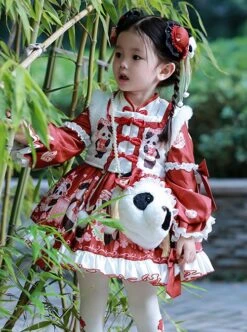 Chinese Style Stand Collar Lace Panda Print Stitching Lantern Sleeve Vest Kids Classic Lolita Long Sleeve Dress Set -NAUS Lolita Shop 2 500x672 1320