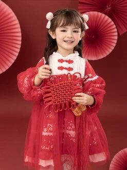 Red Chinese Style Cherry Blossom Magpie Print Lantern Sleeve Stitching Fake Two-Piece Classic Lolita Long-Sleeved Dress -NAUS Lolita Shop 2 500x672 1322