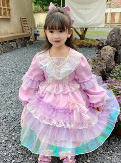 Palace Style Lace Magic Color Asymmetrical Hem Design Sweet Lolita Kids Long-Sleeved Dress -NAUS Lolita Shop 2 500x672 1323