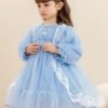 Round Neck Small Flower Fairy Embroidery Polka Dot Lace Ruffles Yarn Mesh Puff Sleeves Classic Lolita Kids Long Sleeve Dress