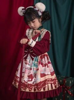 Christmas Little Bear Series Cute Christmas Little Bear Print Ribbon Lantern Sleeves Lace Bow Ruffle Hem Classic Lolita Kids Long Sleeve Dress -NAUS Lolita Shop 2 500x672 1328