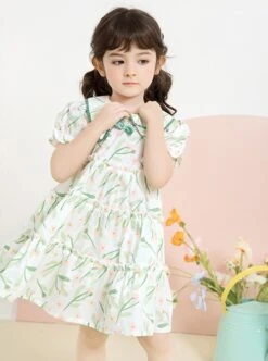 Classic Lolita Floral Flower Print Folds Decoration Square Lapel Bow Design Green Kid Short Sleeve Dress -NAUS Lolita Shop 2 500x672 1339