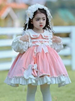 Pink-White Velvet Round Neck Bow Lace Stitching Lantern Sleeves Lotus Leaf Cute Sweet Lolita Kids Autumn Winter Long-Sleeved Dress -NAUS Lolita Shop 2 500x672 1344