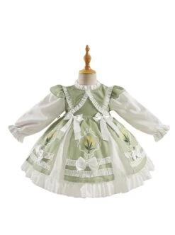 Round Neck Lapel Cute Fresh Green Floral Print Tulip White Ruffles Bowknot Sweet Lolita Kid Long Sleeves Girl Dress -NAUS Lolita Shop 2 500x672 1346