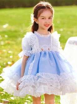 White Lace Pattern Embroidery Layered Hem Blue Simple Classic Lolita Three-Dimensional Pink Flower Decoration Short Sleeve Kid Princess Dress -NAUS Lolita Shop 2 500x672 1347