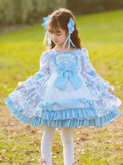 Pastoral Style Blue Floral Mosaic Lantern Sleeve Love Bow-Knot Decoration Spring Autumn Classic Lolita Kids Long-Sleeved Dress -NAUS Lolita Shop 2 500x672 1349