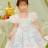 Summer Light Blue Princess Chiffon Lace Puff Sleeves Bowknot Bunny Print Sweet Lolita Kids Sleeveless Dress
