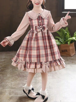 Doll Collar Bowknot Children School Lolita Kids Plaid Long Sleeve Dress -NAUS Lolita Shop 2 500x672 1352