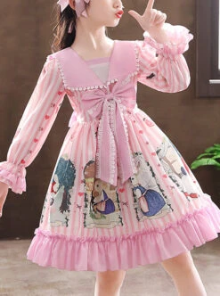 Retro Navy Style Collar Cute Bunny Printing Children Sweet Lolita Long Sleeve Dress -NAUS Lolita Shop 2 500x672 1353