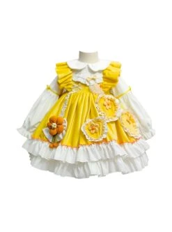Daisy Yellow Asymmetrical 3D Flower Decoration Round Neck Vitality Sweet Lolita Kid Cute Fluffy Princess Dress -NAUS Lolita Shop 2 500x672 1355