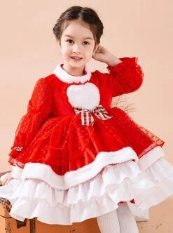 Red Love Polka Dot Plush Stand Collar Plaid Bow-Knot Decoration Winter Classic Lolita Kids Long Sleeve Dress -NAUS Lolita Shop 2 500x672 1357