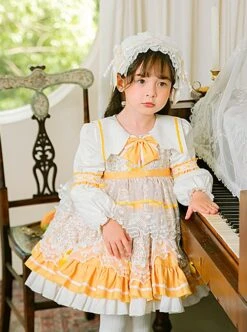 Yellow White Lapel Stitching Floral Lace Lantern Sleeve Princess Dress Autumn Classic Lolita Kids Long-Sleeved Dress -NAUS Lolita Shop 2 500x672 1358
