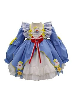 Autumn Winter Blue Cartoon Cute Three Dimensional Doll Flower Decoration Embroidered Duckling Sweet Lolita Kids Long Sleeves Dress