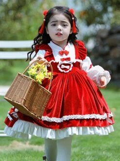 Chinese Style Stand-Up Collar Red Velvet Fake Two-Piece Stitching Lantern Sleeve Autumn Winter Classic Lolita Kids Long-Sleeved Dress -NAUS Lolita Shop 2 500x672 1367