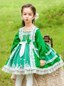 Green Fresh Spring Autumn Flower Lace Square Neck Classic Lolita Kids Long-Sleeved Dress -NAUS Lolita Shop 2 500x672 1368