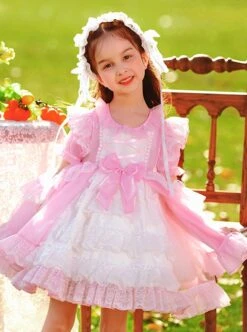 Pink Round Neck Tie Lace Fairy Ribbon Bow-Knot Sweet Lolita Kids Short-Sleeved Dress -NAUS Lolita Shop 2 500x672 1369