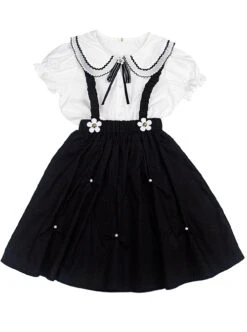 Campus Style Cotton Pleated Ruffled Doll Neckline Black Strap Pearl Decoration Children Lolita Kids Cute Dress Set -NAUS Lolita Shop 2 500x672 1370