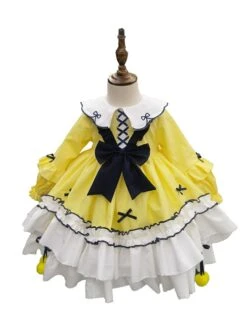Cute Doll Collar Bowknot Hem Fur Ball Frenulum Stitching Lantern Sleeves Classic Lolita Kids Long-Sleeved Dress