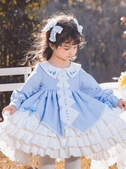 Blue Plaid Lace Multilayer Ruffle Hem Simple Design Classic Lolita Kids Long Sleeve Dress -NAUS Lolita Shop 2 500x672 1372