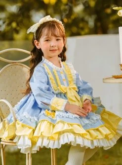 Yellow Blue White Color Matching Lantern Sleeves Ruffle Hem Bow-Knot Decoration Spring Autumn Princess Dress Classic Lolita Kids Long-Sleeved Dress -NAUS Lolita Shop 2 500x672 1373
