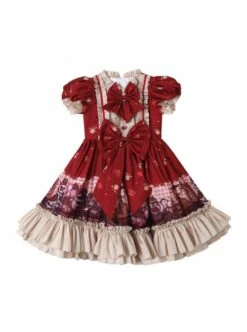 Cute Little Bear Printing Bowknot Children Sweet Lolita Wine Red Kids Short Sleeve Dress -NAUS Lolita Shop 2 500x672 1376