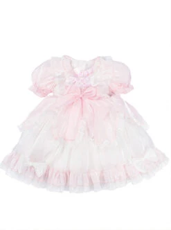 Cute Lotus Leaf Collar Pink Bow Decoration Double Pleated Hem Children Lolita Kids Puff Sleeve Dress -NAUS Lolita Shop 2 500x672 1377