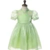 Solid Color Grass Green Streamer Yarn Cute Pleated Sweet Puff Sleeves Pearl Neckline Decoration Sweet Lolita Kids Dress