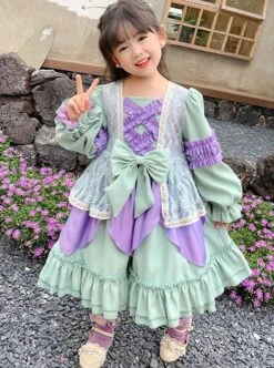 Green Purple Stitching Sweet Lolita Lace Petal Design Hem Kids Long Sleeve Dress -NAUS Lolita Shop 2 500x672 1387