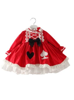 Classic Lolita Red Pleated Doll Neckline Lace Trim Black And White Peach Heart Shape Decoration Long Sleeve Kid Princess Dress -NAUS Lolita Shop 2 500x672 1388