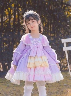 Colorful Multi-Layer Hem Design Lace Decoration Stitching Lantern Sleeves Sweet Lolita Kids Long-Sleeved Dress -NAUS Lolita Shop 2 500x672 1394