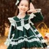 Cute Round Lapel Multi-Layered Lace Ruffle Hem Design Green Autumn Winter Classic Lolita Kids Long-Sleeved Dress