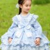 Blue Round Neck Love Polka Dot Lace Decoration Elegant Love Bow-Knot Decoration Design Sweet Lolita Kids Long Sleeve Dress