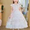 Elegant Court Style Lace Neckline Pearl Decoration Lace Ruffled Hem Kids Classic Lolita Puff Sleeve Dress