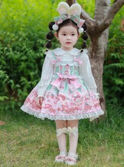 Pink Strawberry Cake Cute Rabbit Pattern Print Pleated Bow Lace Decoration Classic Lolita Kid Dress -NAUS Lolita Shop 2 500x672 1400