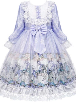 Purple Merry-go-round Printing White Lace Sweet Lolita Long Sleeve Dress