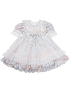 Blue Pink Pleated Lace Mesh Heart Shape Design Pleated Bow Knot Children Lolita Kids Short Sleeve Dress -NAUS Lolita Shop 2 500x672 1403
