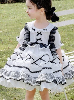 White Musical Note Lace Black Bowknot Children Sweet Lolita Doll Collar Short Sleeve Dress -NAUS Lolita Shop 2 500x672 1404