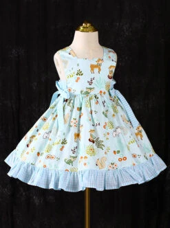 Classic Lolita Cute Animal Print Decoration Pleated Lace Bow Knot Kid Sleeveless Dress -NAUS Lolita Shop 2 500x672 1406